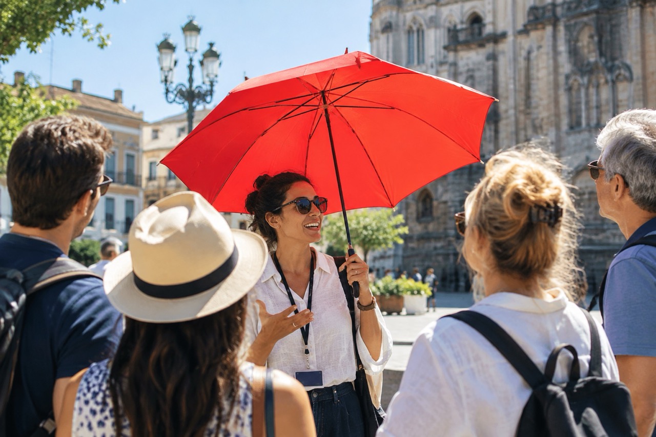 A guide under a red umbrella talking to a group of visitors in a sunny old-town square