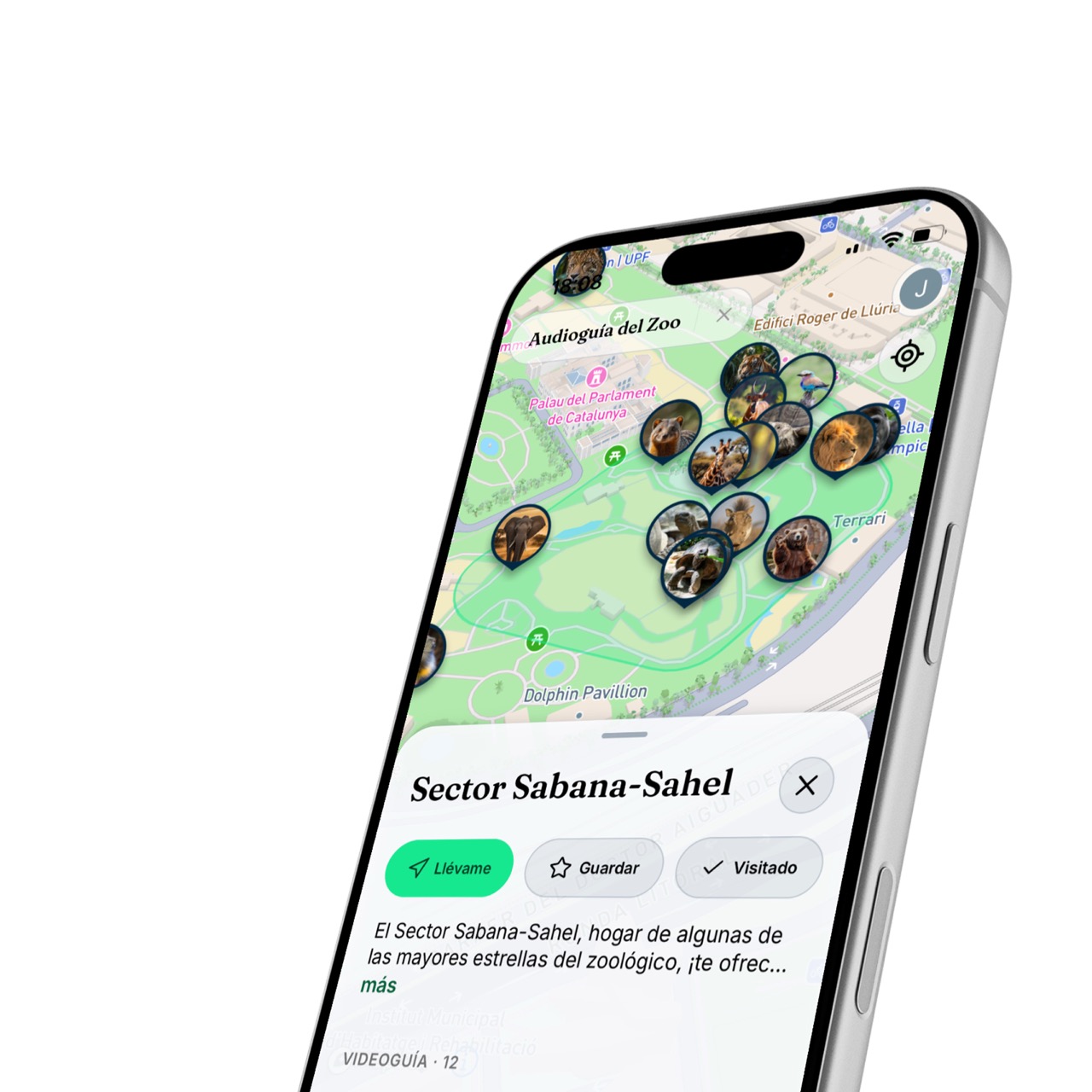 Two iPhones showing the vivers app: the guide list for Madrid and an audio guide map
