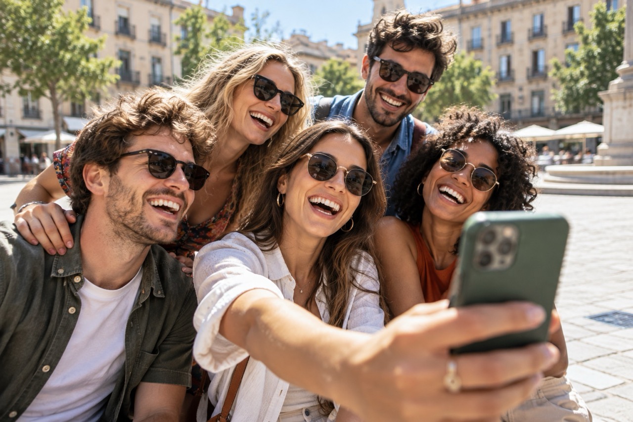 A group of friends laughing as they take a selfie on an iPhone in a sunny city square